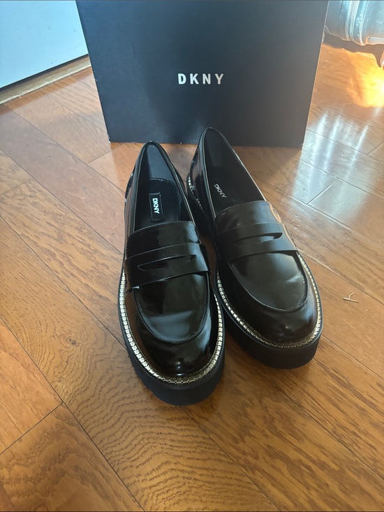 Dkny Shoes - DKNY Black Patent Platform Loafers with Rhinestone Trim